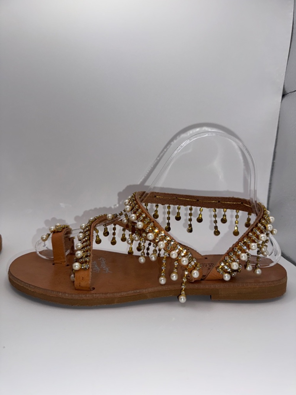 Innovative Greek Sandals GSP Real Leather Pearl Rhinestone Gold Flat Sandal - Picture 8 of 16
